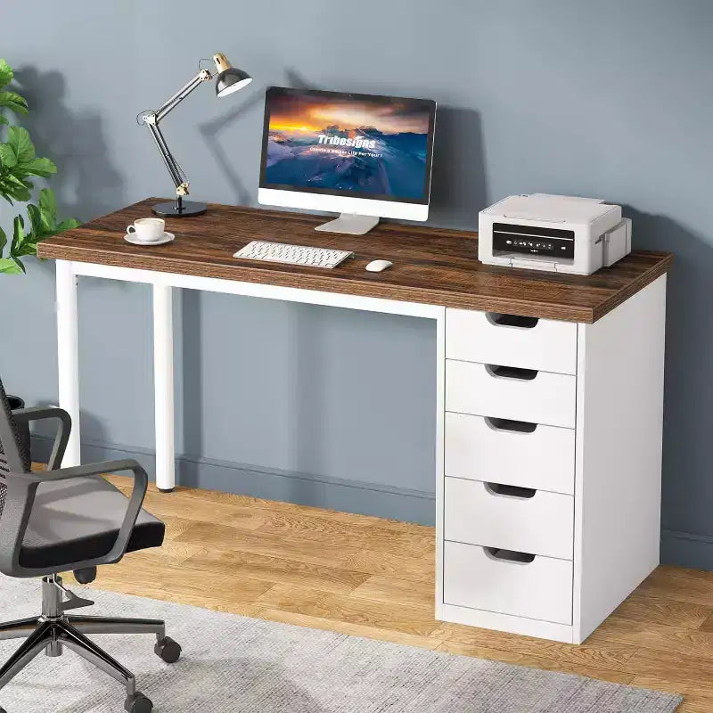 Bureau d'ordinateur Lantine avec 5 tiroirs, bureau moderne et simple de 119 cm pour la maison, le bureau et l'étude, idéal pour les petits espaces