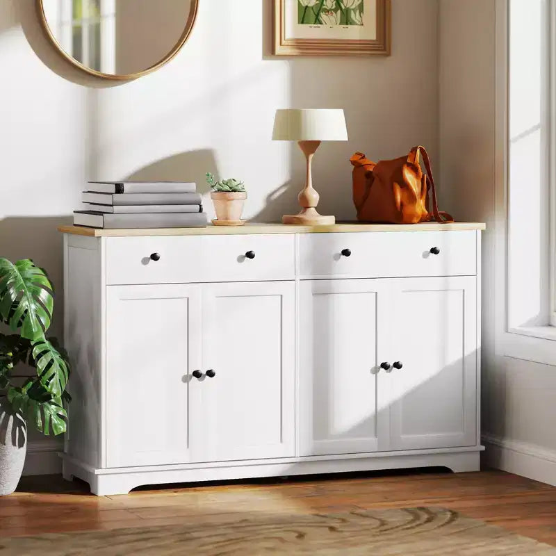 Buffet bas HOMCOM avec rangements, Meuble de cuisine moderne avec 4 portes, 2 tiroirs et 2 étagères réglables, Meuble de bar à café