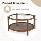 Table basse ronde de 31 po avec plateau en verre trempé et tablette en rotin