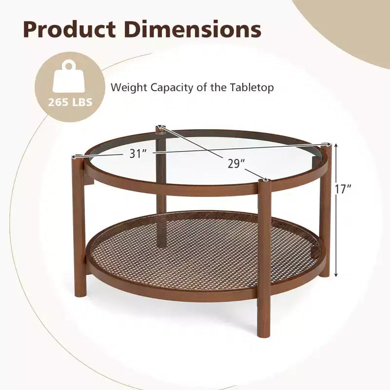Table basse ronde de 31 po avec plateau en verre trempé et tablette en rotin