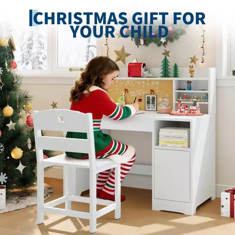 Bureau et chaise d'étude pour enfants avec rangement, bureau d'étude pour enfants avec étagère et plateau inclinable, table en bois pour enfants avec meuble de rangement pour les 3-8 ans