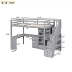 Lit mezzanine une place avec bureau en L, 3 tiroirs, placard, rangements intégrés dans l'escalier, en pin massif/MDF