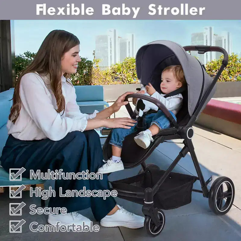 Poussette Bébé, Poussette Pliante - Poussette Haute pour Nouveau-né et Tout-petit, Landau Convertible avec Dossier Réversible