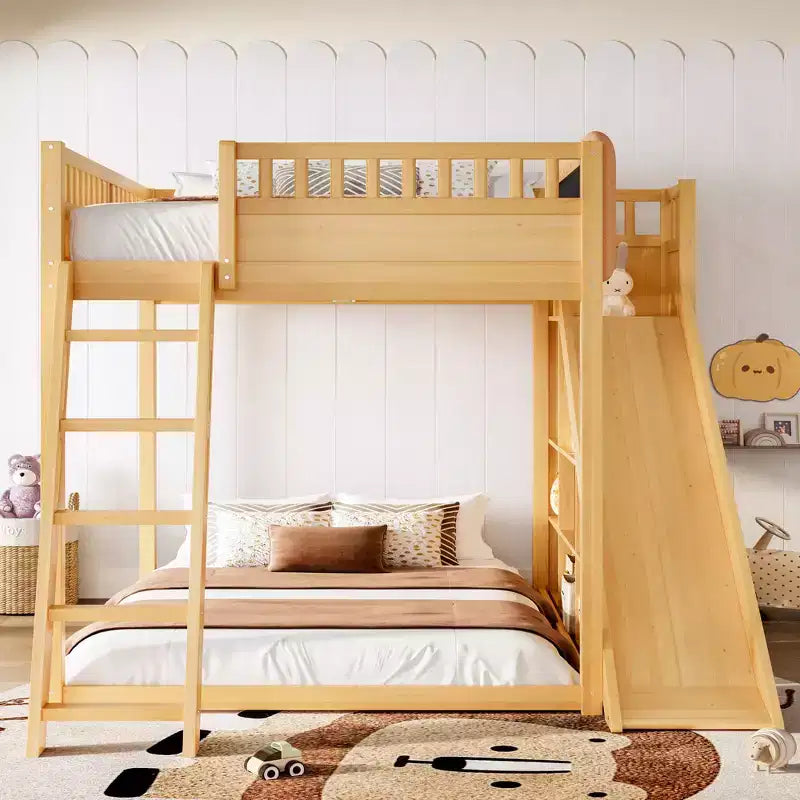 Lit mezzanine Bellemave avec tête de lit rembourrée et étagères de rangement, cadre de lit mezzanine en bois massif avec échelle et toboggan pour enfants