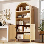 Étagère ouverte à 5 niveaux avec décor en rotin, armoire de rangement de style ferme, armoire de rangement de cuisine arquée, pour la maison, le bureau, le salon