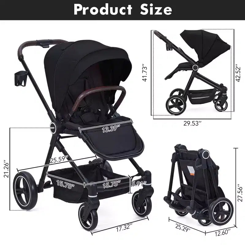 Poussette Bébé, Poussette Pliante - Poussette Haute pour Nouveau-né et Tout-petit, Landau Convertible avec Dossier Réversible