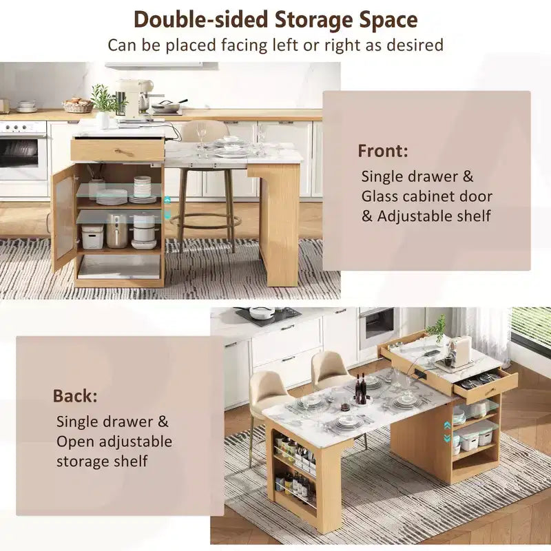 Îlot de cuisine de 59,5 po avec table à manger extensible, rangement double face et prise électrique, naturel