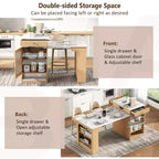 Îlot de cuisine de 59,5 po avec table à manger extensible, rangement double face et prise électrique, naturel