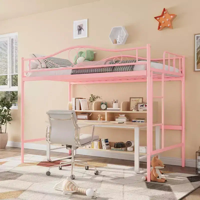 Lit mezzanine double avec échelle amovible et garde-corps de sécurité intégral, lit mezzanine double avec cadre en métal robuste d'une capacité de 180 kg, gain de place.