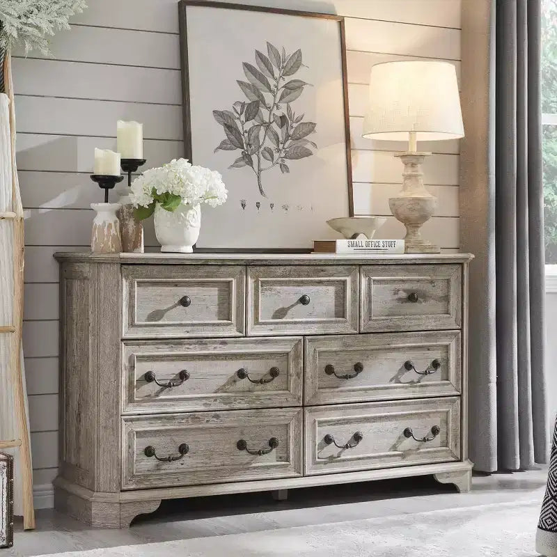 Commode 7 tiroirs de 54 po pour chambre à coucher, coffre de rangement rustique vintage pour salon et couloir