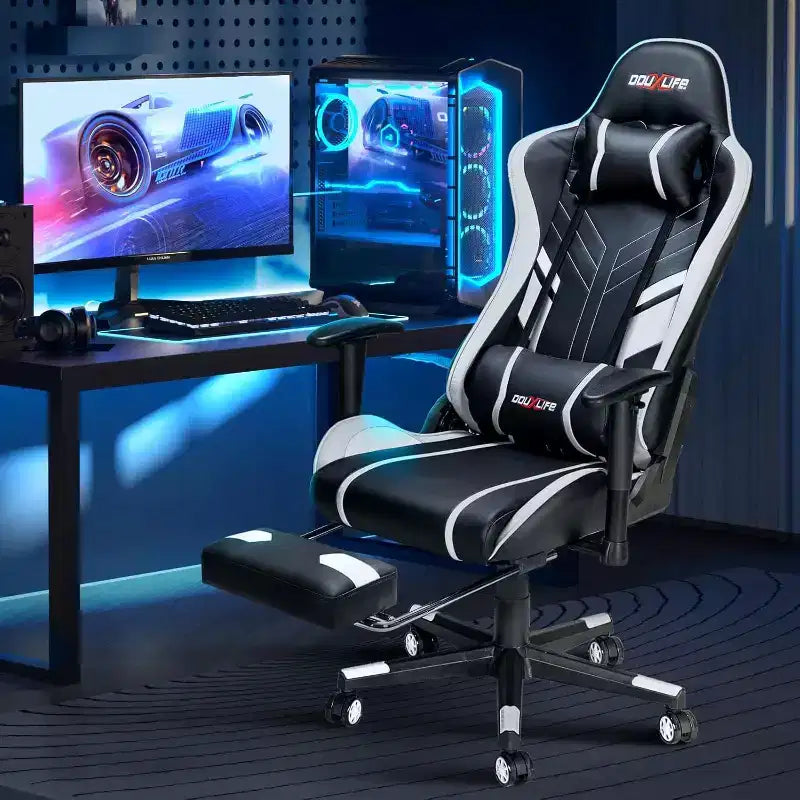 Douxlife Fauteuil de Jeu Ergonomique Moderne avec Massage à 7 Points, Repose-Pieds et Accoudoirs Réglables Noir et Blanc