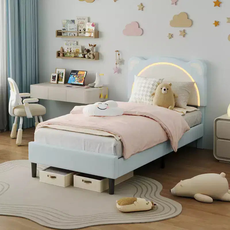 Cadre de lit enfant mignon - Design adorable ourson réglable, revêtement en suède, tiroirs de rangement, lattes en bois massif, conception silencieuse, facile à assembler.