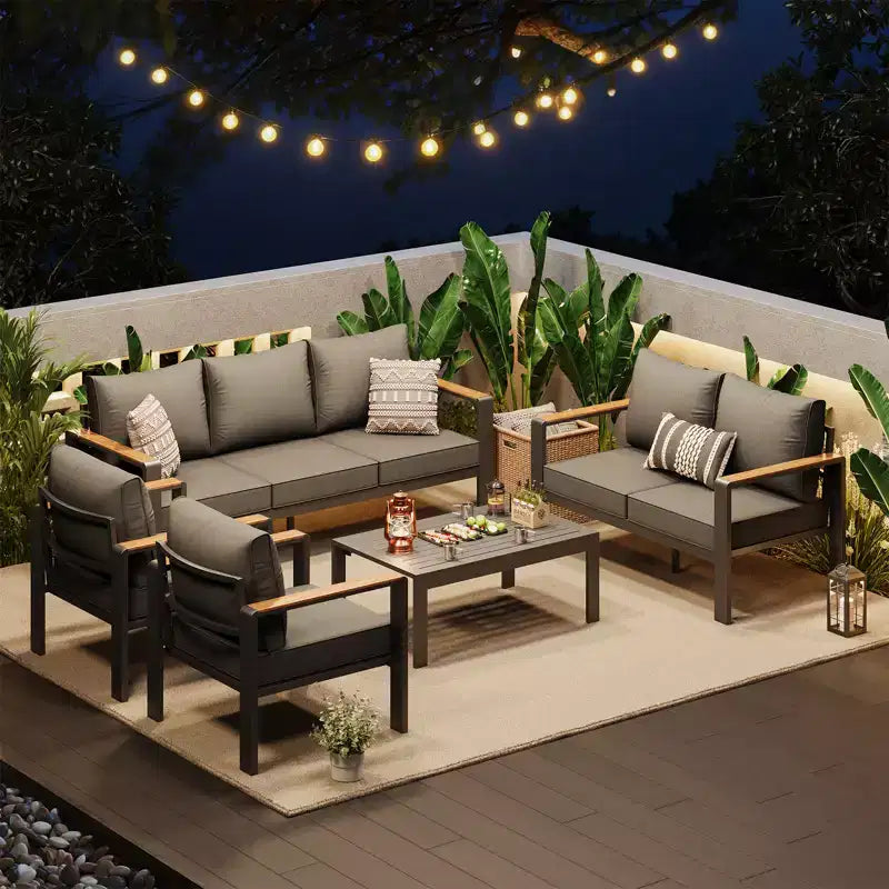Salon de jardin en aluminium, canapé d'extérieur modulable avec 5 coussins épais, 4 accoudoirs et table basse pour jardin, terrasse, arrière-cour