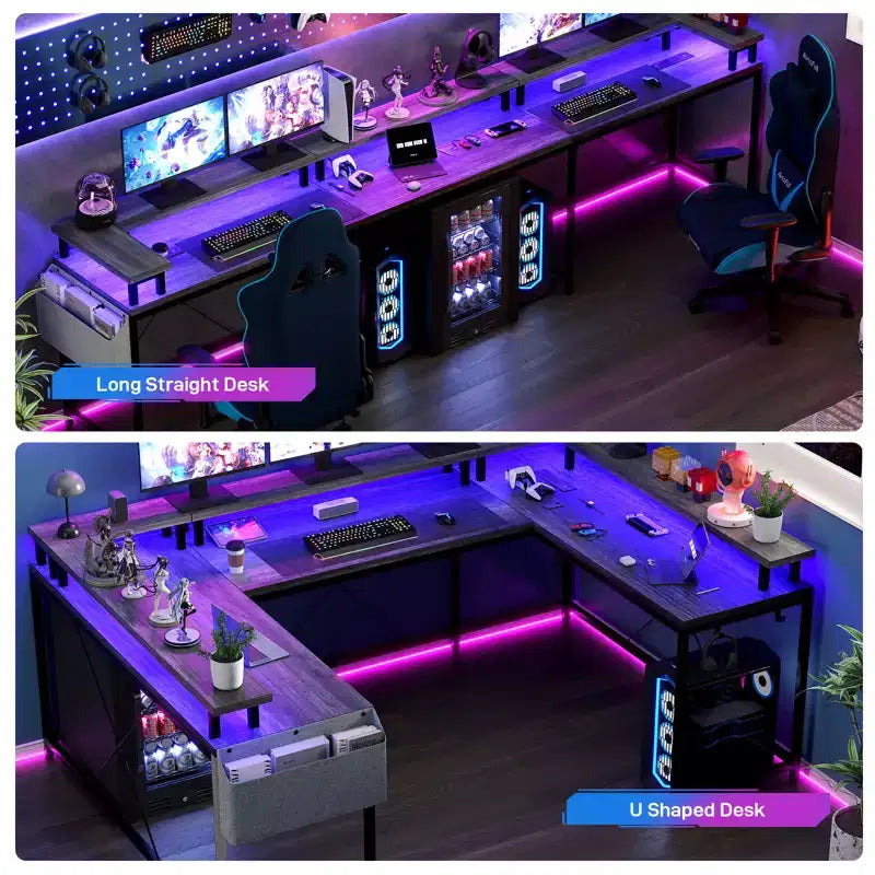 COZONY Bureau de jeu en forme de U/L 78", bureau d'ordinateur réversible avec prises de courant, lumières LED, support de moniteur et étagère de rangement, bureau d'angle pour le bureau à domicile