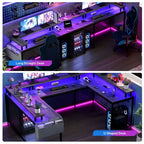COZONY Bureau de jeu en forme de U/L 78", bureau d'ordinateur réversible avec prises de courant, lumières LED, support de moniteur et étagère de rangement, bureau d'angle pour le bureau à domicile