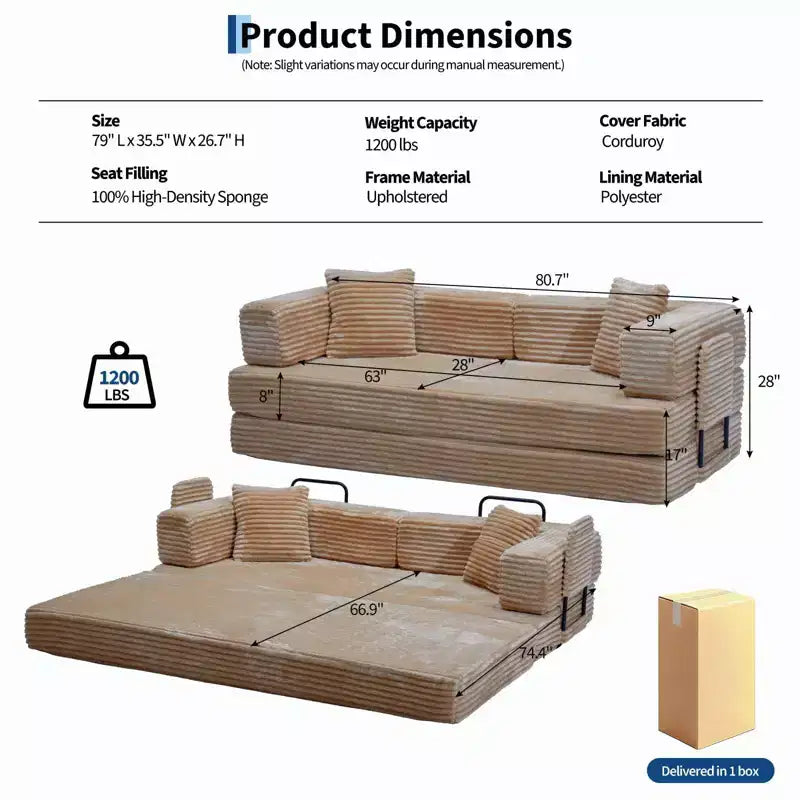 Canapé-lit convertible 5-en-1 de 80,7 po, velours côtelé, 544 kg, aucun assemblage requis