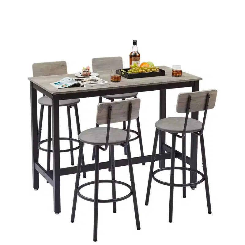 Ensemble de salle à manger 5 pièces, ensemble table de bar avec 4 tabourets rembourrés, dossier en bois, repose-pieds en forme d'anneau, pour salon, bureau, salle à manger
