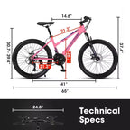 NAYSAYE Vélo VTT 26 Pouces avec Dérailleur 21 Vitesses Double Frein à Disque pour Adolescents et Femmes, Rose, 65*24.8*37.4
