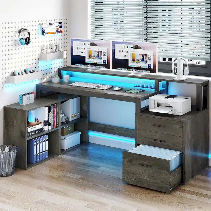 Bureau d'angle en L de 165 cm avec LED RVB, support d'écran et armoire de rangement – 1 personne | Blanc / Chêne / Gris anthracite / Noir