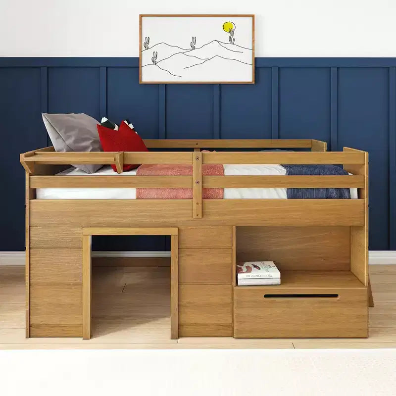 Lit mezzanine bas Max & Lily Modern Farmhouse avec tiroir de rangement, lit en bois massif pour enfants