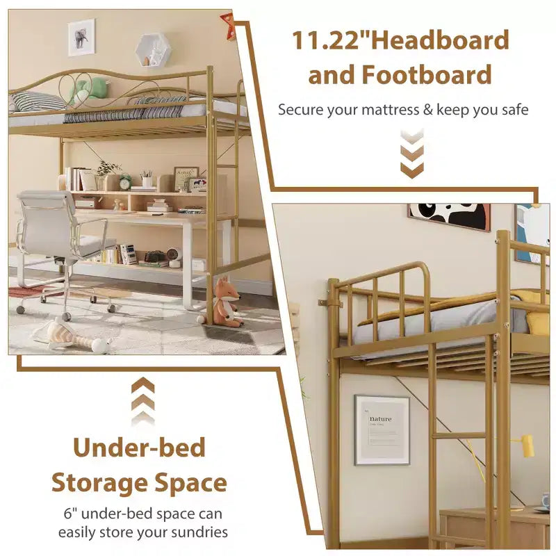 Lit mezzanine double avec échelle amovible et garde-corps de sécurité intégral, lit mezzanine double avec cadre en métal robuste d'une capacité de 180 kg, gain de place.