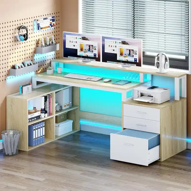 Bureau d'angle en L de 165 cm avec LED RVB, support d'écran et armoire de rangement – 1 personne | Blanc / Chêne / Gris anthracite / Noir