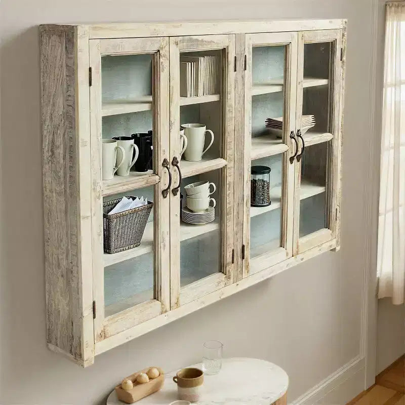 40 Armoire haute de rangement à 4 portes en bois recyclé et métal avec portes vitrées, marron