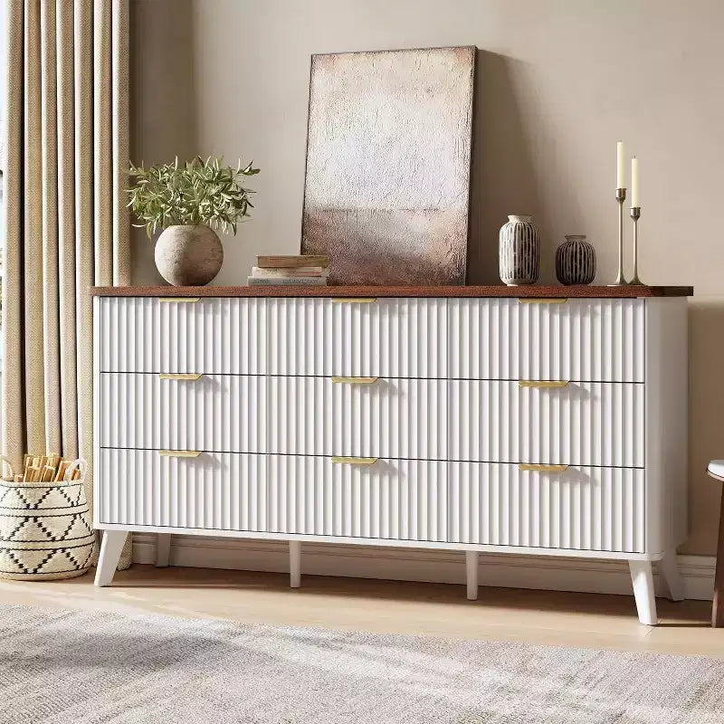 Commode cannelée à 9 tiroirs, 154 cm de large, en bois, avec rangement profond, pour chambre à coucher, salon ou couloir