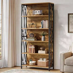 Bibliothèque industrielle Lantine 70.87, étagère à 6 niveaux avec cadre métallique géométrique et étagères de rangement ouvertes pour bureau à domicile, salon, marron