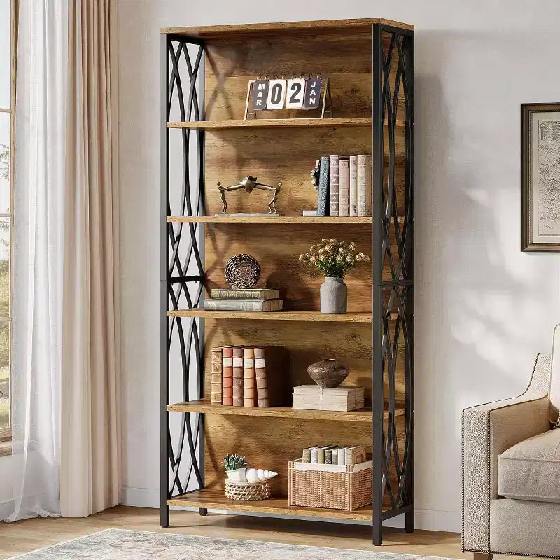 Bibliothèque industrielle Lantine 70.87, étagère à 6 niveaux avec cadre métallique géométrique et étagères de rangement ouvertes pour bureau à domicile, salon, marron