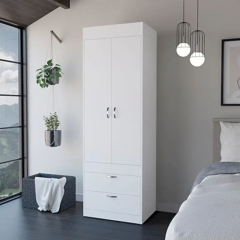 18.9 Armoire moderne à deux portes avec deux tiroirs inférieurs et tringle de suspension pour chambre à coucher