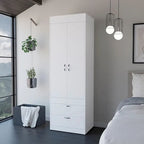 18.9 Armoire moderne à deux portes avec deux tiroirs inférieurs et tringle de suspension pour chambre à coucher