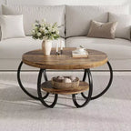 Table basse industrielle ronde de 30 pouces à 2 niveaux avec pieds réglables, étagère à grain de bois, motif flamme, assemblage facile, salon