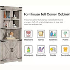 Meuble d'angle haut de 175 cm, Meuble de rangement d'angle style ferme, Rangement peu encombrant, Porte vitrée, Étagères réglables, pour Salon, Cuisine