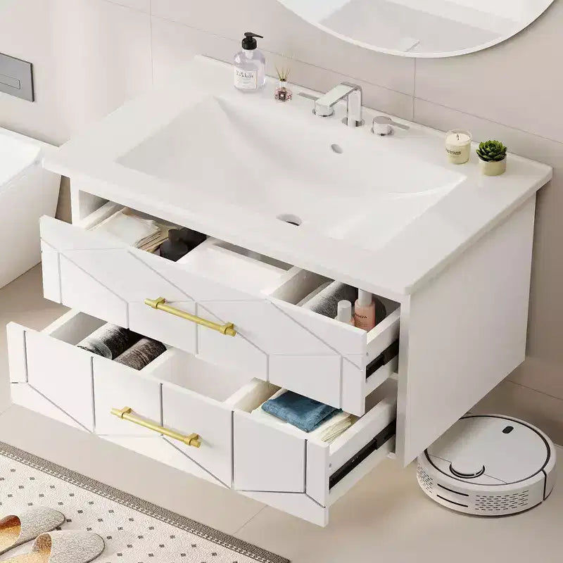 Ensemble de meuble-lavabo suspendu moderne avec vasque – Meuble mural avec tiroir à fermeture douce et poignée dorée, tailles 24 ou 30