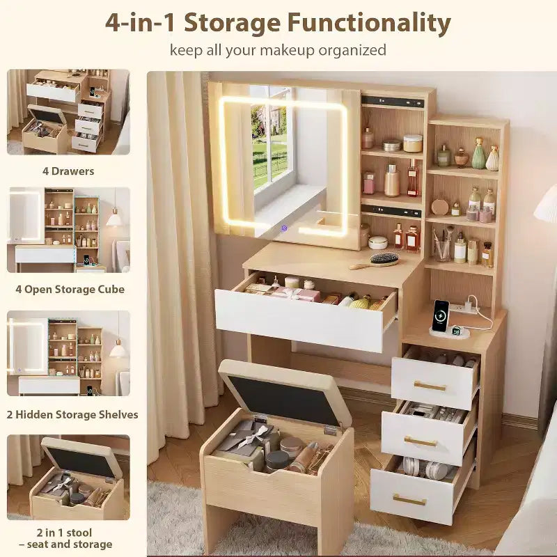 Coiffeuse moderne DobleePy avec miroir coulissant et lumières LED, 4 tiroirs, 7 étagères, station de recharge et tabouret, table de maquillage pour chambre à coucher