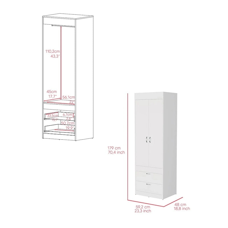 18.9 Armoire moderne à deux portes avec deux tiroirs inférieurs et tringle de suspension pour chambre à coucher