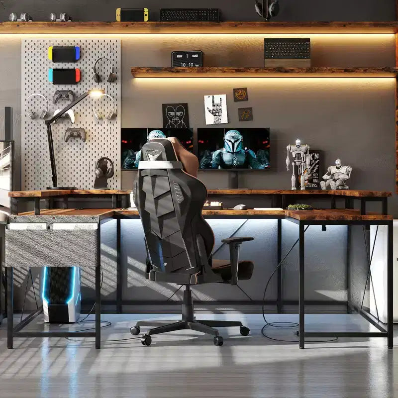 COZONY Bureau de jeu en forme de U/L 78", bureau d'ordinateur réversible avec prises de courant, lumières LED, support de moniteur et étagère de rangement, bureau d'angle pour le bureau à domicile