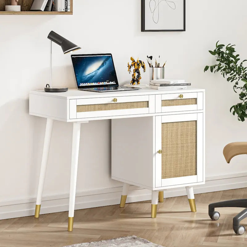 Bureau informatique avec 2 tiroirs, bureau moderne en rotin pour la maison avec caisson de classement