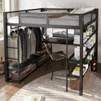 Bellemave Lit mezzanine queen en métal avec bureau, étagères de rangement et tringle à vêtements, cadre de lit mezzanine peu encombrant avec garde-corps et échelle, sans sommier tapissier, noir
