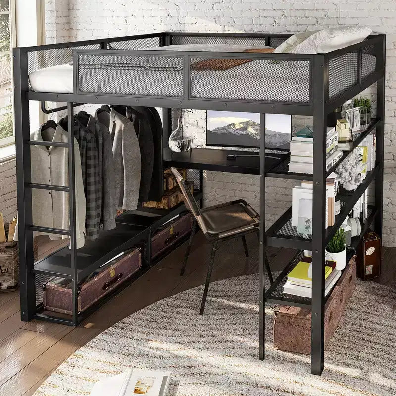 Bellemave Lit mezzanine queen en métal avec bureau, étagères de rangement et tringle à vêtements, cadre de lit mezzanine peu encombrant avec garde-corps et échelle, sans sommier tapissier, noir