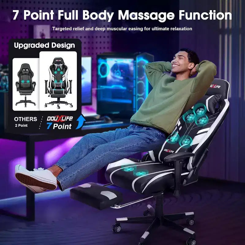Douxlife Fauteuil de Jeu Ergonomique Moderne avec Massage à 7 Points, Repose-Pieds et Accoudoirs Réglables Noir et Blanc
