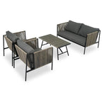 Ensemble de patio en corde d'extérieur 4 pièces pour 4 personnes avec coussins et table en verre