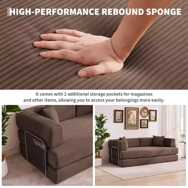 Canapé futon moderne en velours côtelé de 79 po pour petits espaces, canapé-lit convertible 5 en 1 avec accoudoirs et oreillers amovibles