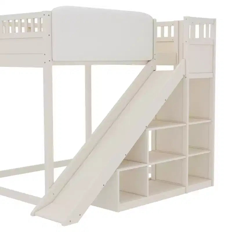 Lit mezzanine Bellemave avec tête de lit rembourrée et étagères de rangement, cadre de lit mezzanine en bois massif avec échelle et toboggan pour enfants