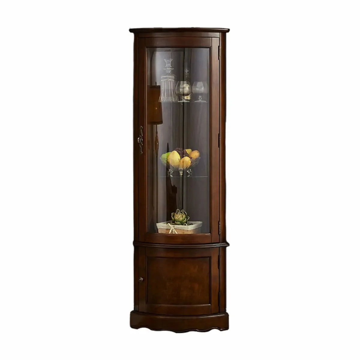 Meuble d'angle classique en bois d'hévéa marron avec porte vitrée