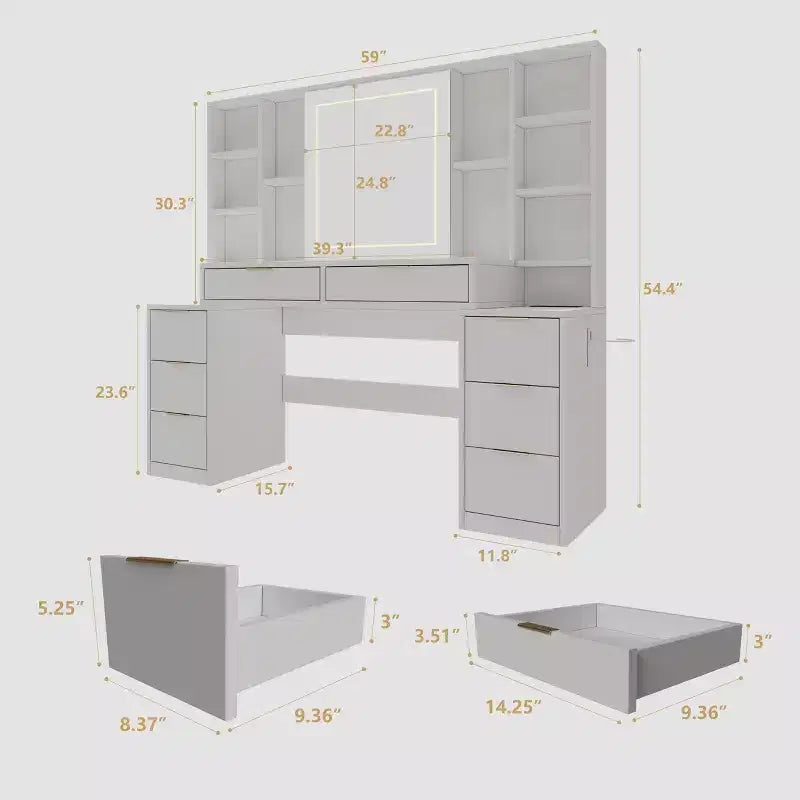 Coiffeuse de 59 pouces avec miroir lumineux, 8 tiroirs, étagères ouvertes pour chambre de fille, éclairage réglable, design gain de place