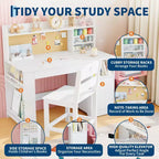 Bureau et chaise d'étude pour enfants avec rangement, bureau d'étude pour enfants avec étagère et plateau inclinable, table en bois pour enfants avec meuble de rangement pour les 3-8 ans