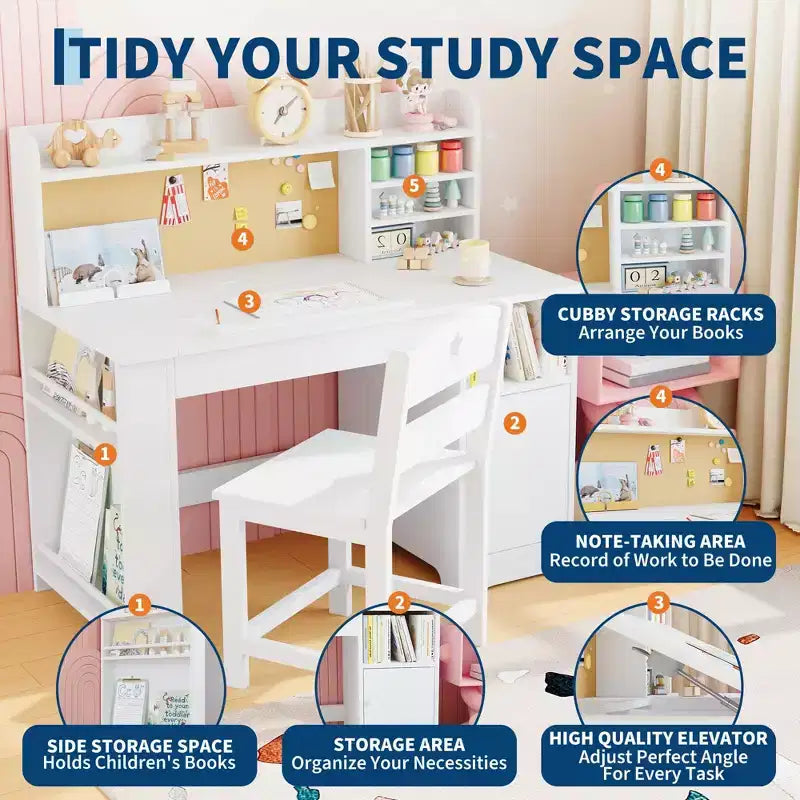 Bureau et chaise d'étude pour enfants avec rangement, bureau d'étude pour enfants avec étagère et plateau inclinable, table en bois pour enfants avec meuble de rangement pour les 3-8 ans