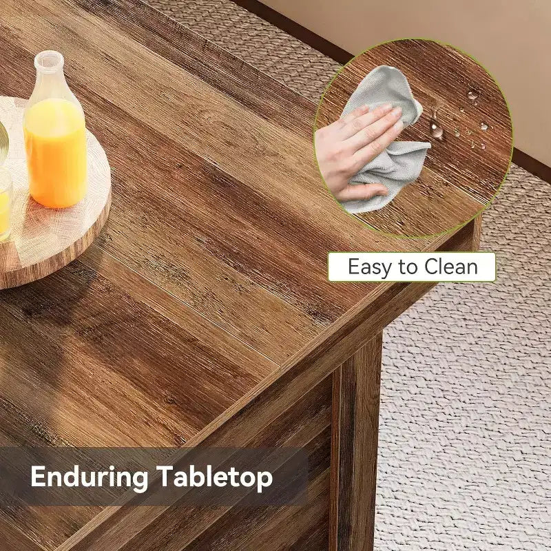 Lantine Table Îlot de Cuisine 140 cm avec Rangement, Table Îlot Fixe en Bois à 3 Niveaux, Table de Bar Moderne avec Étagère de Rangement pour Cuisine, Marron Rustique